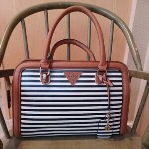 GUESS Handbag Satchel Black & White Striped with Wallet Beautiful Condition